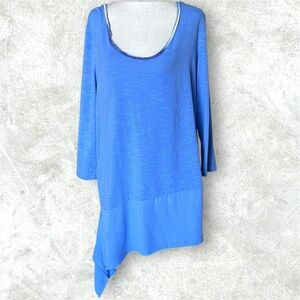 Adrienne Vittadini Blue Mixed Media Asymmetrical 3/4 Sleeve Top L